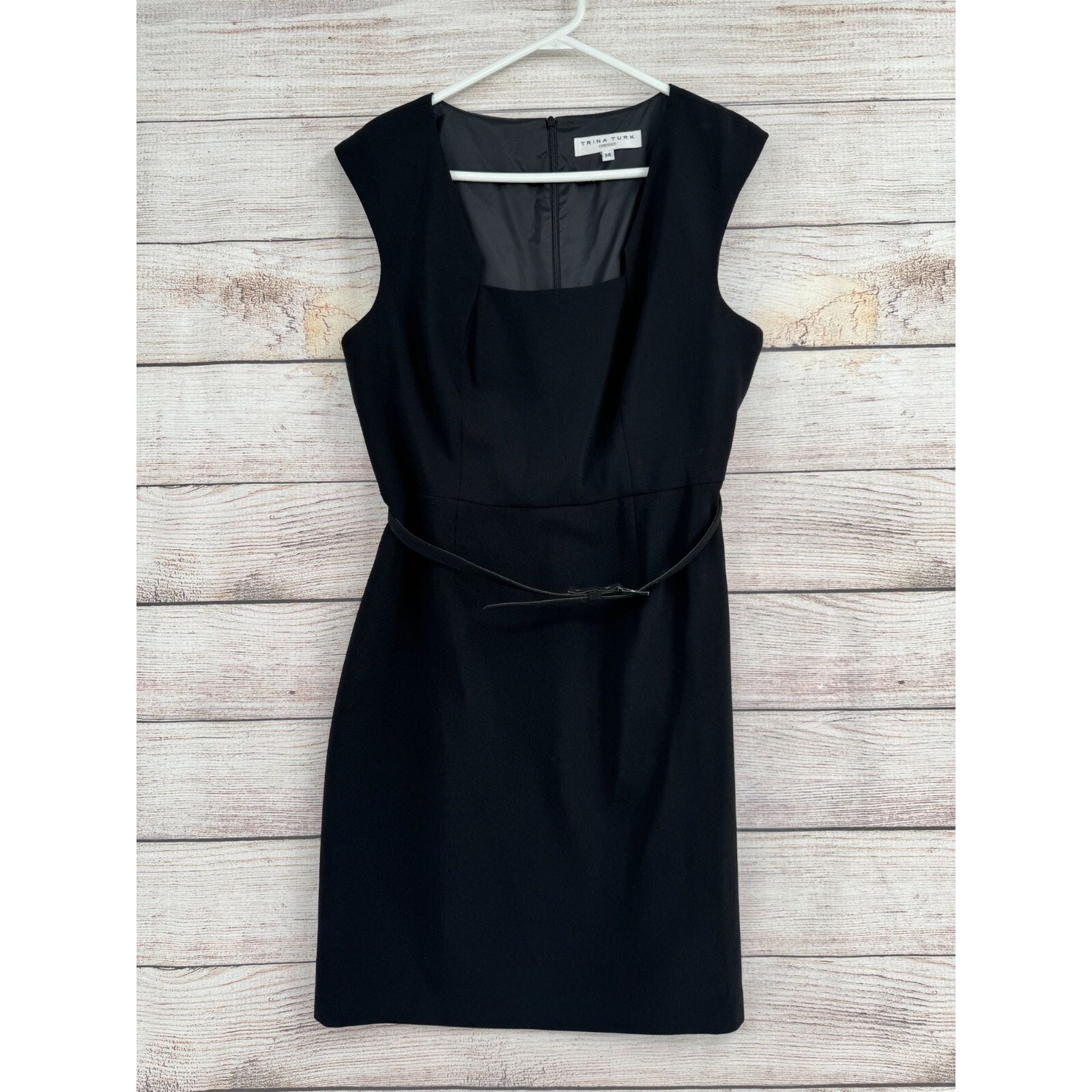 Trina Turk Square Neck Belted A-Line Sleeveless Dress Women's Size 12 Black